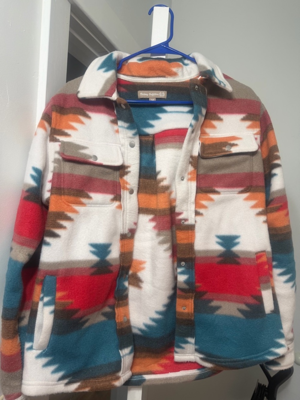 Cozy Tribal Print Fleece Shacket - Cream, Teal, Red, Orange